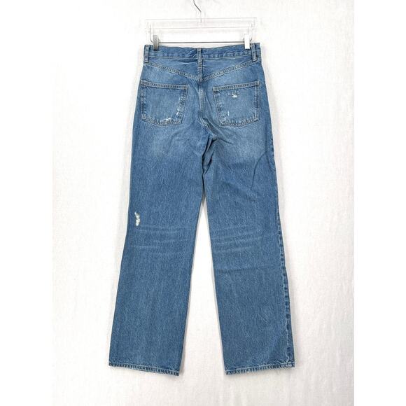 ZARA Distressed Loose Fit Low Rise Jeans Womens 27 Medium Blue Wash Straight Leg - Picture 3 of 15